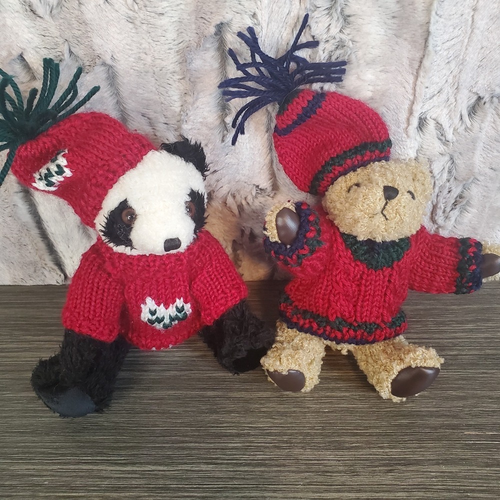 Hugfun 1998 Panda 9" And Brown Teddy Bear 7" - Posable Jointed, Knit Sweater Hat